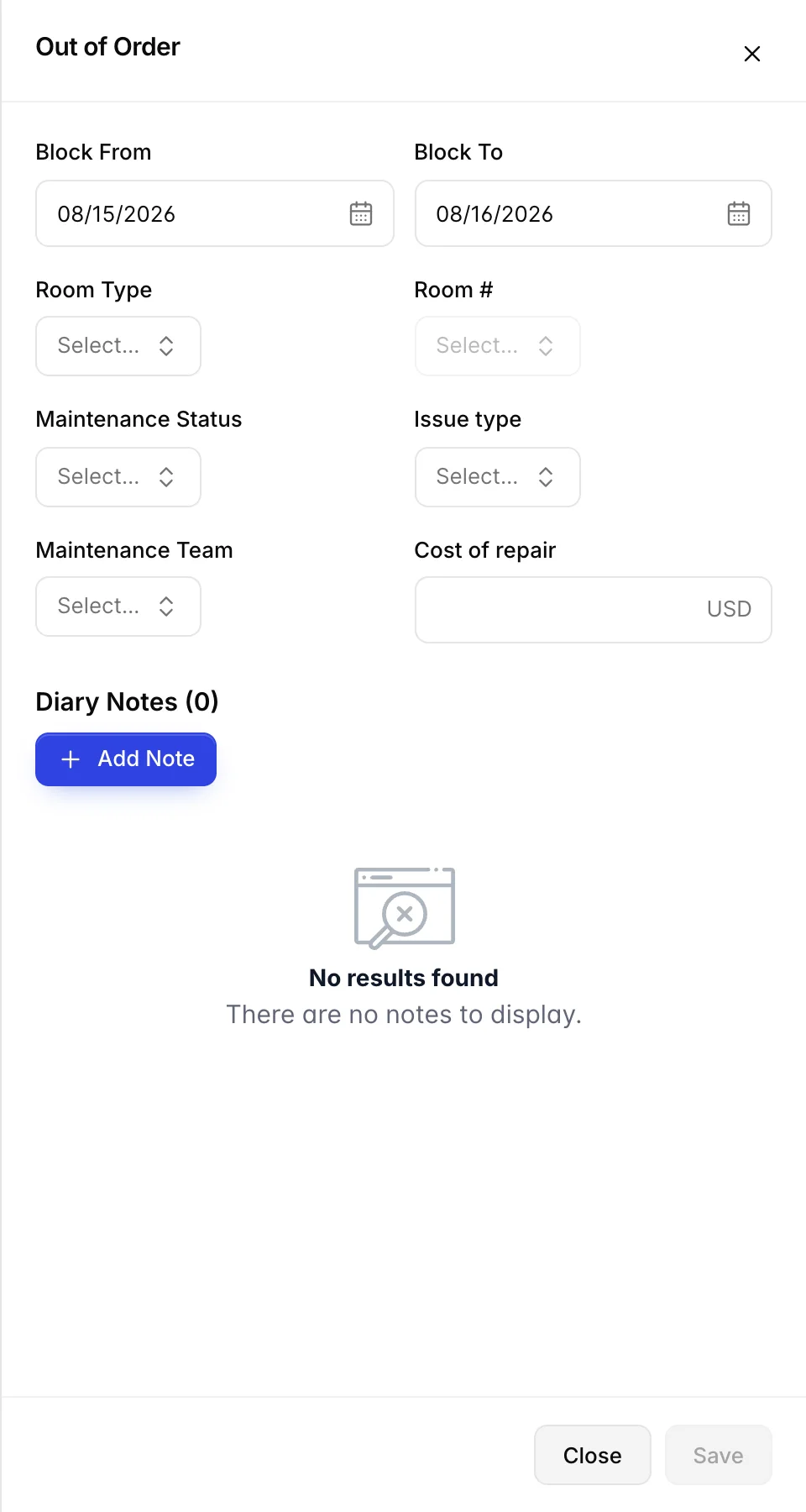La rubrique «Out of Order» avec Block From, Block To, Room Type, Room number, Maintenance Status, Issue type, Maintenance Team et Cost of repair en dollars américains, ainsi qu’une section «Diary Notes».