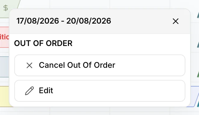 Le menu de la rubrique «out of order », intitulé «Out of Order », propose les liens «Cancel <span translate="no">Out Of Order</span>» et «Edit».