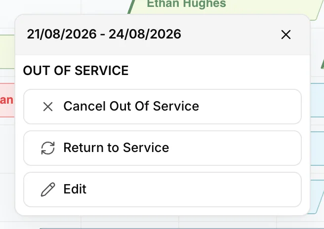 Le menu de la rubrique « out of service », intitulé « Out of Service », propose les rubriques « Cancel <span translate="no">Out Of Service</span> », « Return to Service » et « Edit ».