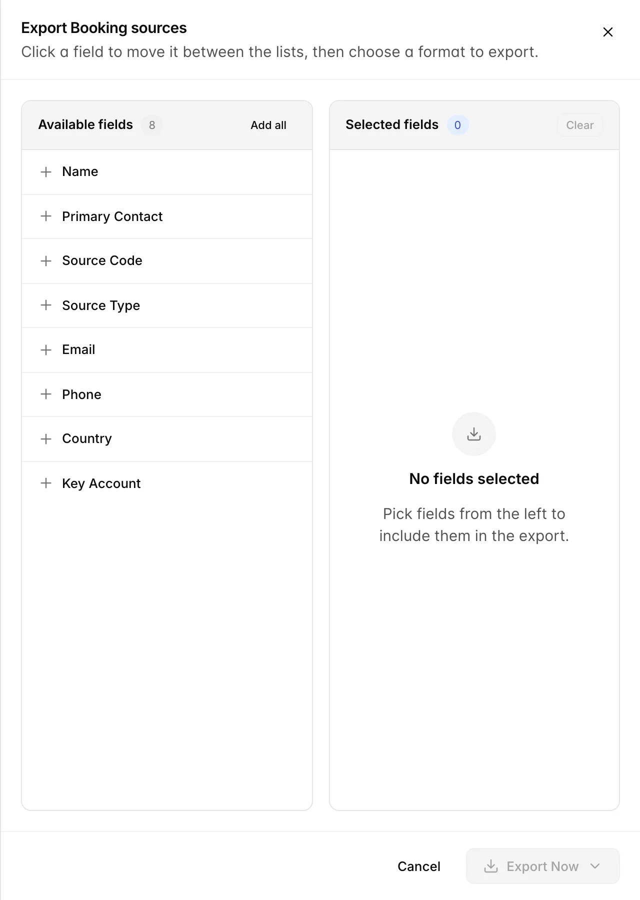 Der Bereich „Export“ (Booking sources) mit den acht Tabellenspalten, die links unter „Available fields“ aufgeführt sind, einem leeren Feld „Selected fields“ auf der rechten Seite sowie den Schaltflächen „Cancel“ und „Export Now“ am unteren Rand, wobei „Export Now“ ausgegraut ist.