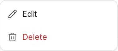 Das Zeilenmenü in der Zeile „Booking.com“ bietet die Optionen „Edit“ und „Delete“ an, wobei „Delete“ rot hervorgehoben ist.