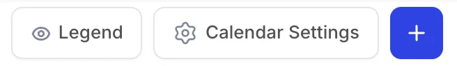Rechts in der Symbolleiste des Kalenders: eine Schaltfläche „Legend“, eine Schaltfläche „Calendar Settings“ und eine blaue Schaltfläche mit einem Pluszeichen.