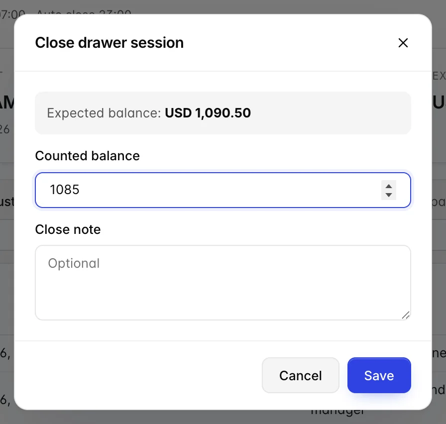 The Close drawer session dialog: a grey panel reading Expected balance USD 1,090.50, a Counted balance box holding 1085, an optional Close note box, and Cancel and Save buttons.