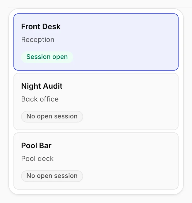 The drawer rail: Front Desk at Reception highlighted with a green Session open badge, Night Audit at Back office and Pool Bar at Pool deck, both with a grey No open session badge.