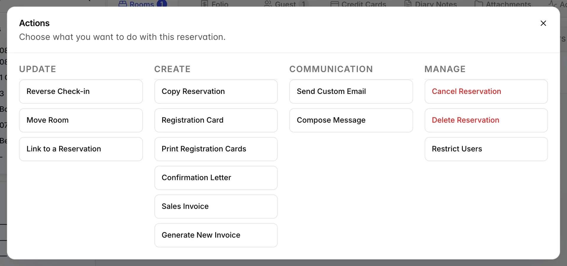 La boîte de dialogue «Actions » (Gestion des comptes) avec la colonne «Update » (Compte) affichant «Reverse Check-in» en haut de la liste.