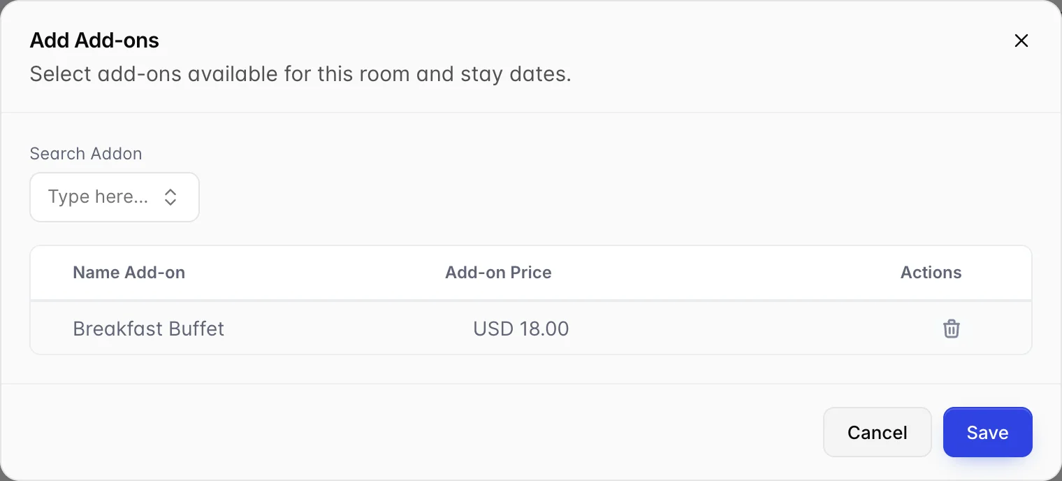 Der Dialog „Add“ (Add-ons) mit einem Feld „Search Addon“ (Auswahl) und einer Tabelle, die eine ausgewählte Zusatzleistung enthält – „Frühstücksbuffet“ für 18 US-Dollar –, mit einem Löschsymbol daneben.