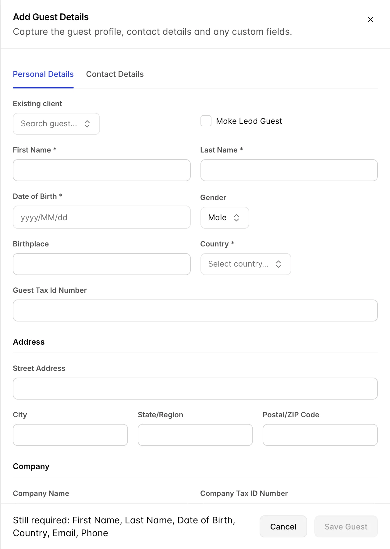 Der Ordner „Add“ (Guest Details) ist auf der Registerkarte „Personal Details“ geöffnet, mit einer Suche nach „existing client“, einem Kontrollkästchen „Make <span translate="no">Lead Guest</span>“, den Feldern „First and last name“, „date of birth“, „gender“, „birthplace“, „country“, „tax number“, einem Block „address“ und einem Block „company“.