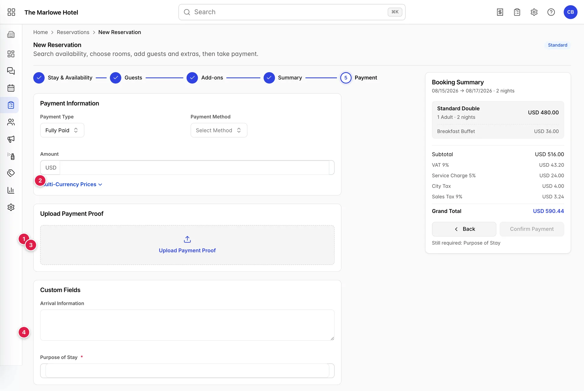 Schritt 5 des Assistenten mit einem Feld für Zahlungsinformationen, das die Angaben „payment type“, „payment method“ und „amount“ enthält, einem Link „multi-currency prices“, einem Feld „upload payment proof“ sowie einem Feld für benutzerdefinierte Felder mit den Angaben „Arrival“ und dem Pflichtfeld „Purpose of Stay“.