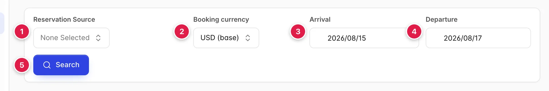 Die Suchleiste „stay“ und „Verfügbarkeit“ mit den Feldern „Reservation Source“, „Booking currency“ (mit USD als Basiswährung), „Arrival“, „Departure“ sowie einer blauen Schaltfläche „Search“.