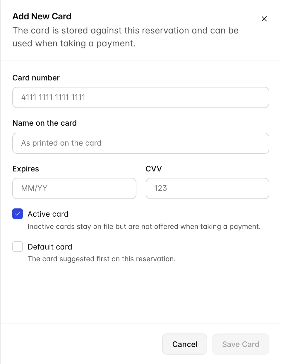 The Add New Card drawer: fields for Card number, Name on the card, Expires and CVV, checkboxes for Active card and Default card with explanations underneath, and Cancel and a greyed-out Save Card button.