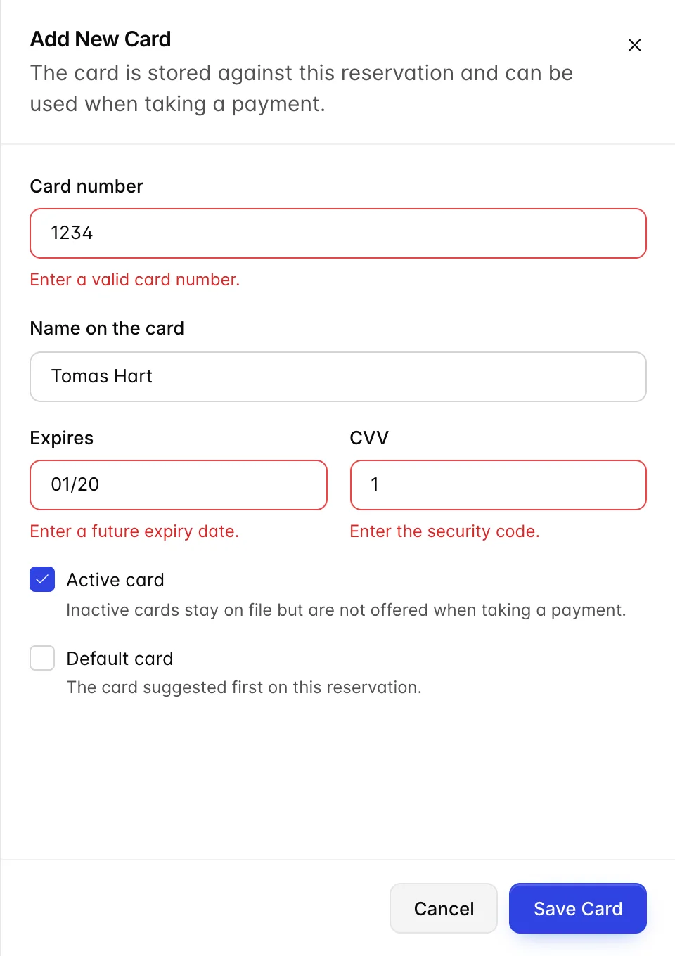 The Add New Card drawer showing red validation messages under three fields: Enter a valid card number, Enter a future expiry date, and Enter the security code.