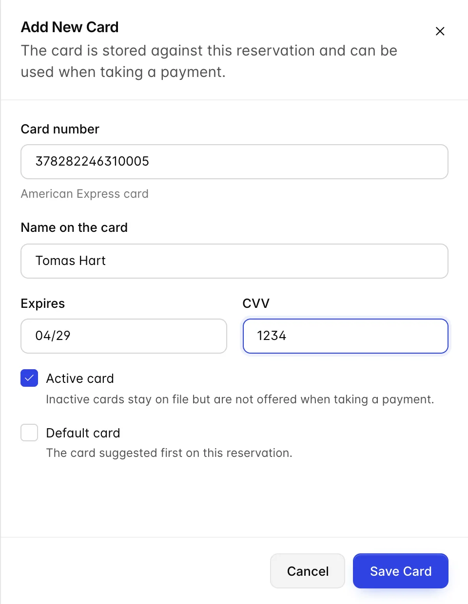 The Add New Card drawer filled in with an American Express number, the hint American Express card under it, the name Tomas Hart, expiry 04/29, CVV 1234, and an active Save Card button.