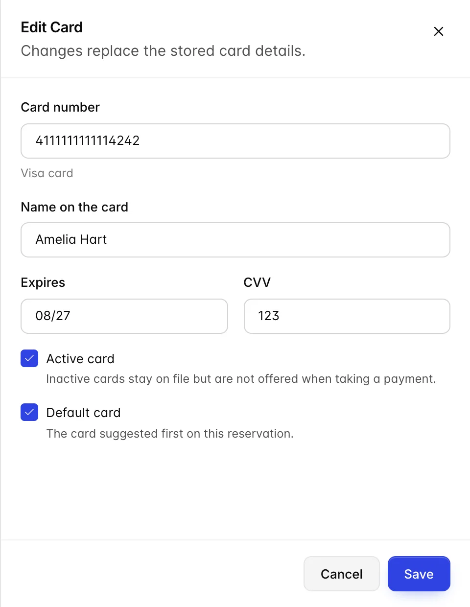 The Edit Card drawer after unlocking, with the card number, name Amelia Hart, expiry 08/27 and CVV filled in and editable, Active card and Default card both ticked, and Cancel and Save buttons.