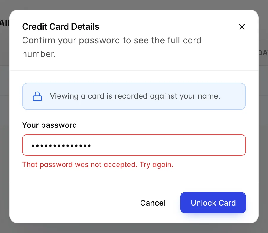 The same dialog after a rejected password, with the message That password was not accepted. Try again. under the field and the field outlined in red.