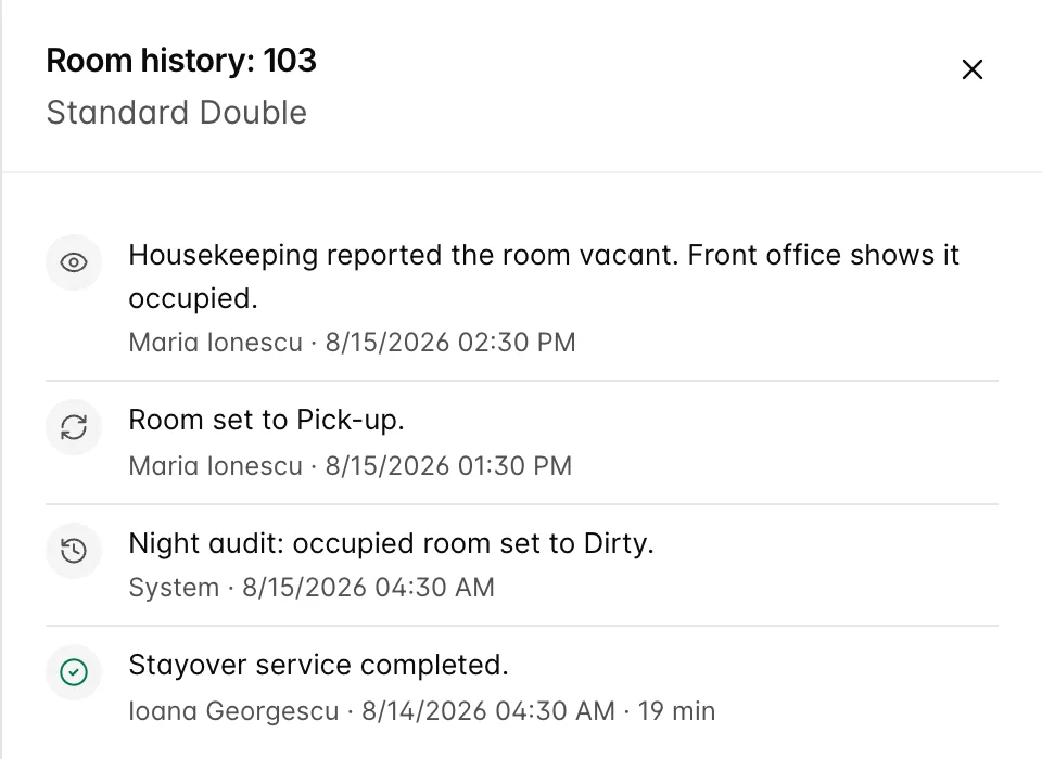 The Room history drawer for room 103, listing a stayover service completed, a night audit entry reading occupied room set to Dirty, a status change to Pick-up, and an occupancy entry reading housekeeping reported the room vacant, front office shows it occupied.
