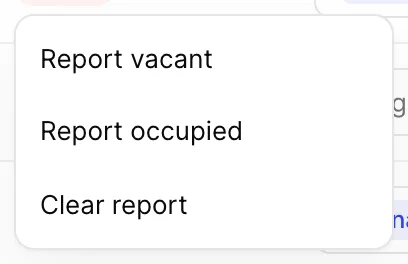 The Report room occupancy dropdown open on room STDD(103), offering Report vacant, Report occupied and Clear report.