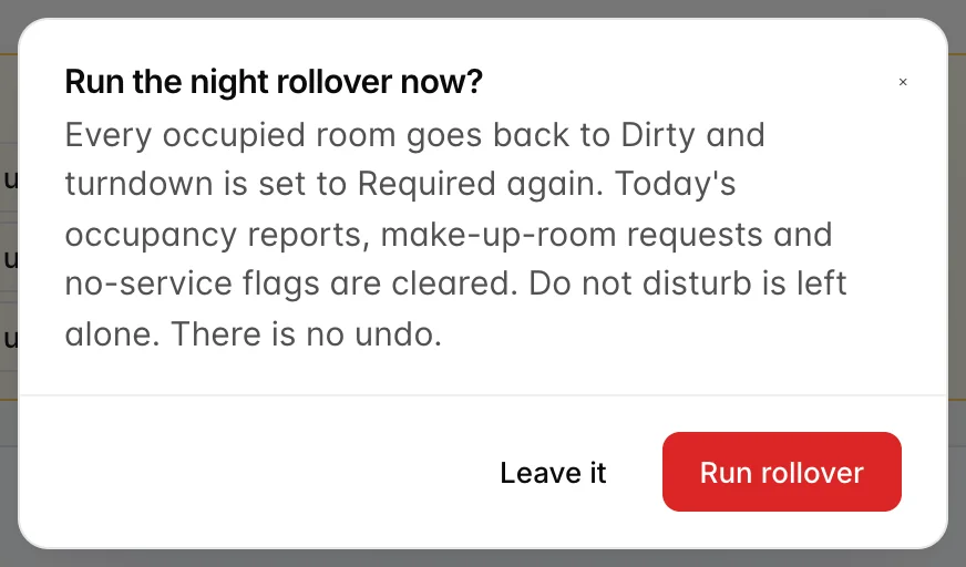 The confirmation dialog for the night rollover, headed Run the night rollover now, listing what it changes and warning that there is no undo, with Leave it and Run rollover buttons.