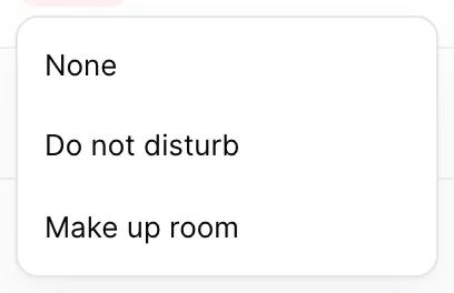 The Change service status dropdown open on room STDD(105), offering None, Do not disturb and Make up room.