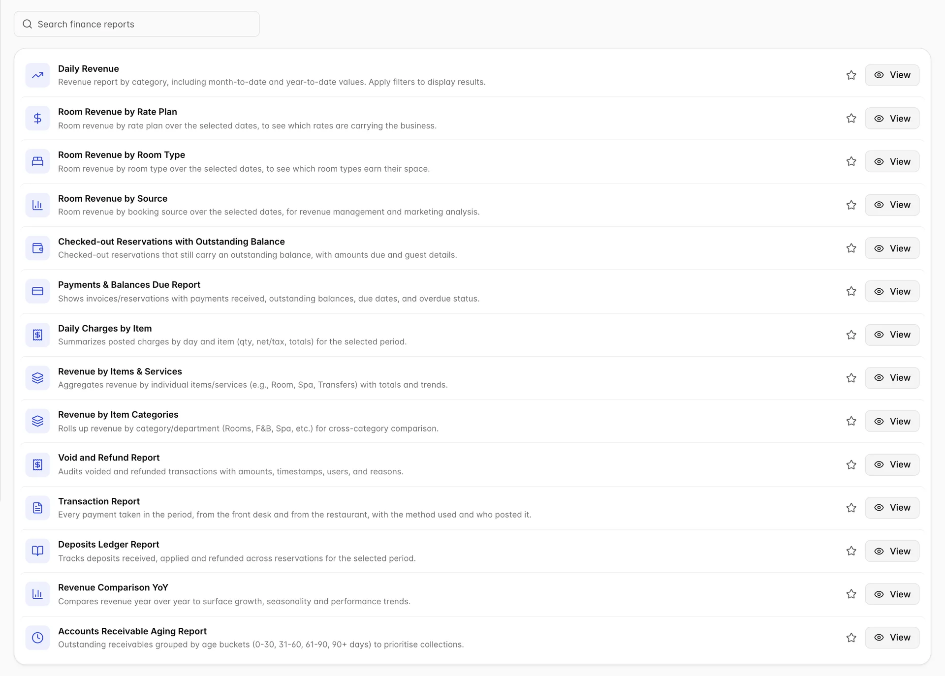 The Finance Reports hub: a search box over a card listing fourteen reports, each a row with an icon, a name, a one line description, a star for favourites and a View button. Transaction Report sits between Void and Refund Report and Deposits Ledger Report.