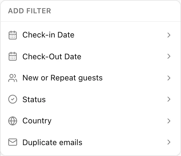 Das Popup-Fenster „Add filter“ ist im Gästeverzeichnis geöffnet und listet sechs Filter auf: „Check-in Date“, „Check-<span translate="no">Out Date</span>“, „New or Repeat guests“, „Status“, „Country“ und „Duplicate emails“.