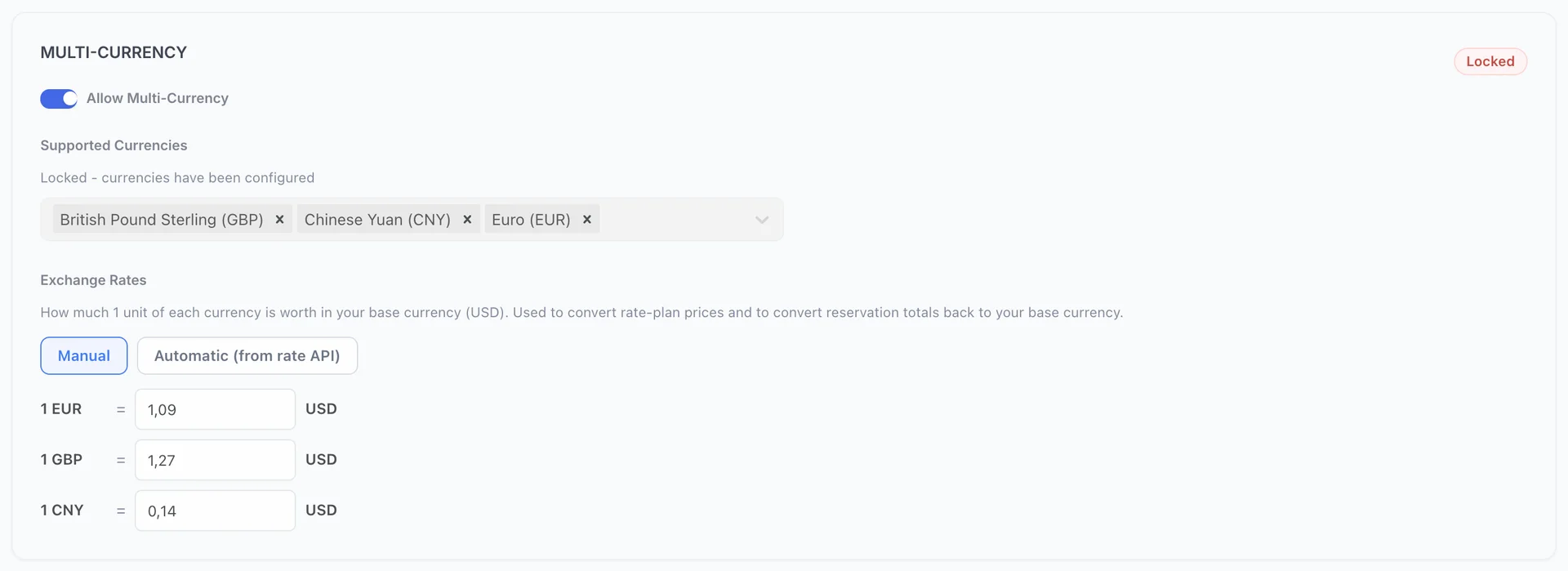 La section « Multi-Currency », intitulée « Locked ». L'option « Allow Multi-Currency » est activée, la rubrique « Supported Currencies » contient les monnaies EUR, GBP et CNY et comporte la mention « Locked - currencies have been configured », et un bloc « Exchange Rates » propose les options « Manual » ou « Automatic (from rate API) », l'option « Manual » étant sélectionnée, suivie d'une ligne de taux pour chaque monnaie prise en charge.