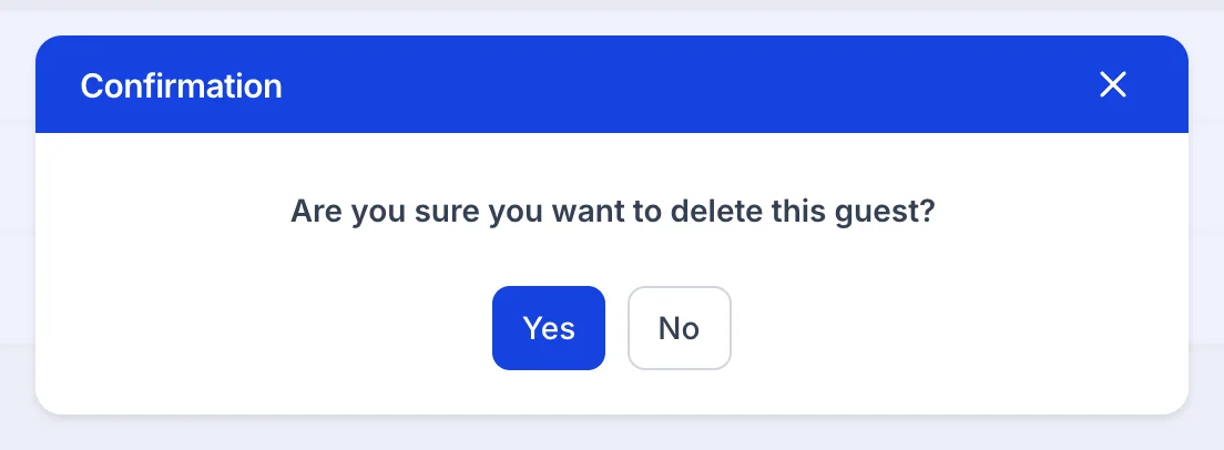 La confirmation de l’delete : l’en-tête « Confirmation », la question « Êtes-vous sûr de vouloir delete cette guest ? », et les boutons « Oui » et « Non ».