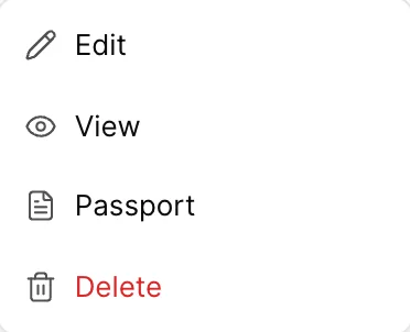 Le menu horizontal d'un site guest comporte quatre rubriques : Edit, View, Passport et Delete.