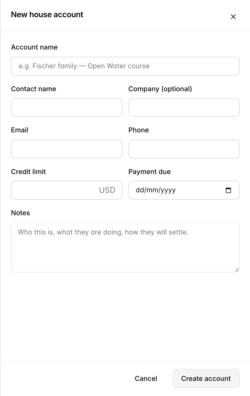The New house account panel, with fields for account name, contact name, company, email, phone, a credit limit in USD, a payment due date, and notes. The account name field carries a placeholder suggesting a family surname and the course they are on.