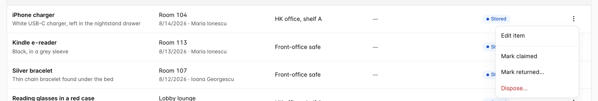 The first Lost & Found row with its action menu open below it, offering Edit item, Mark claimed, Mark returned and a red Dispose.