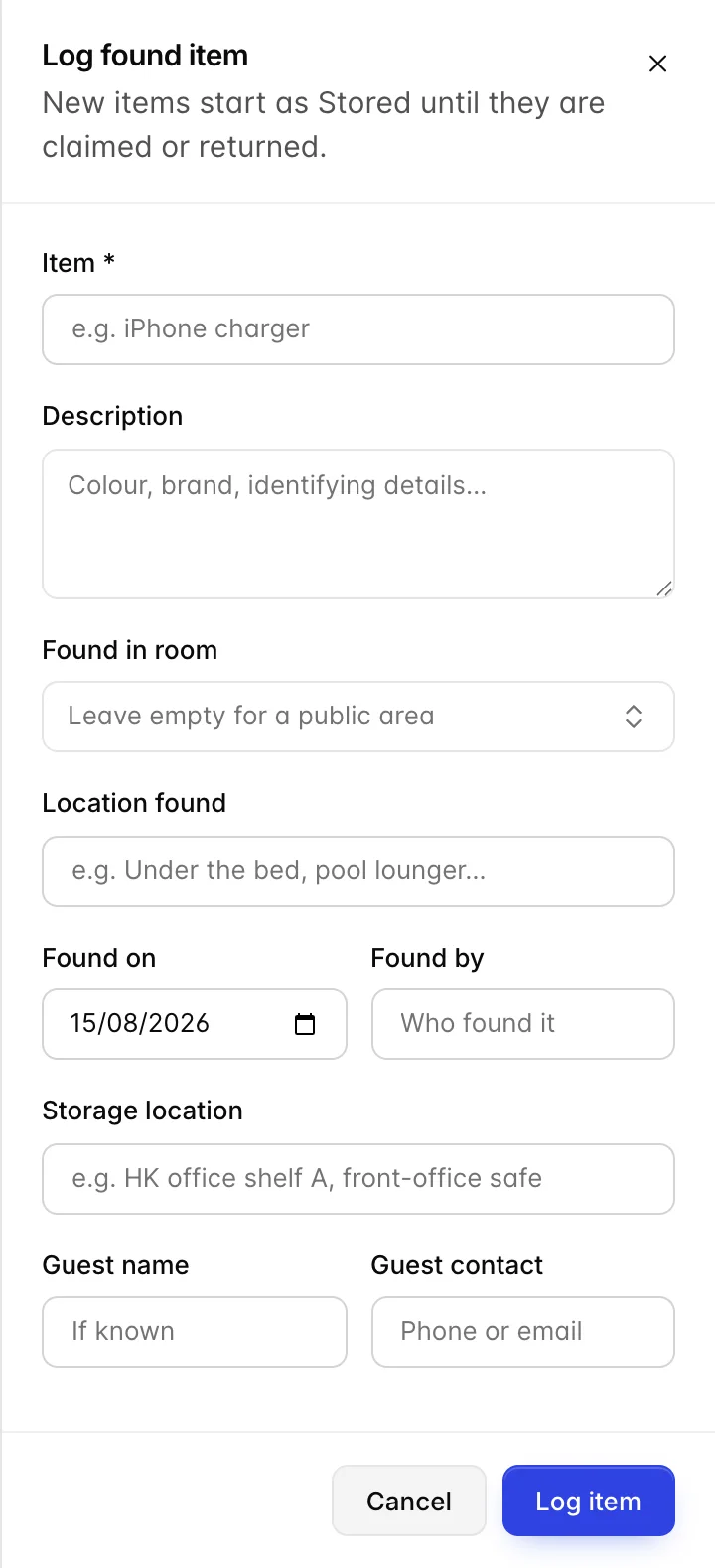 The Log found item drawer with fields for the item, a description, the room it was found in, the location found, the date found, who found it, the storage location, and the guest name and contact.