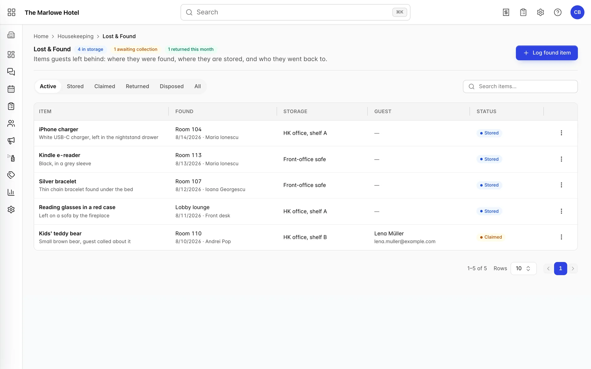 The Lost & Found page for The Marlowe Hotel, with counts for items in storage, awaiting collection and returned this month, status filter tabs, and a table of five items showing where each was found, where it is stored, the guest it belongs to and its status.