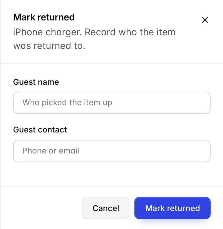 The Mark returned drawer for an item, asking for the guest name and guest contact of whoever picked it up, with Cancel and Mark returned buttons.