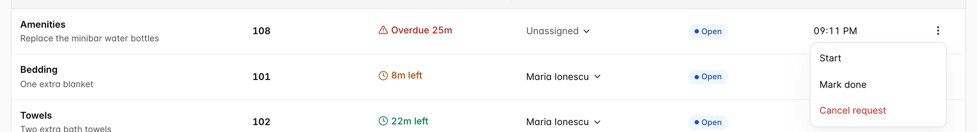 The first service request row with its action menu open below it, offering Start, Mark done and a red Cancel request.