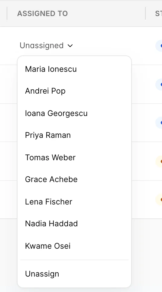 The Assigned to cell of a row opened as a dropdown, listing the attendants working today with an Unassign entry under a separator at the bottom.