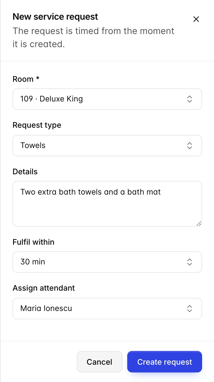 The New service request drawer with room 109 Deluxe King selected, a request type, a details box reading Two extra bath towels and a bath mat, a Fulfil within dropdown, and an attendant chosen in Assign attendant.