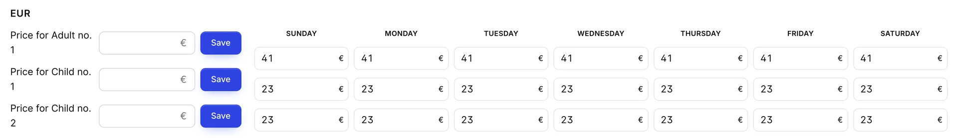 Der Abschnitt „Multi-Currency Per Person Pricing“ wurde für EUR erweitert und enthält nun Preisfelder sowie Schaltflächen „Save“ für „Erwachsener Nr. 1“, „Kind Nr. 1“ und „Kind Nr. 2“ neben einer Tabelle mit sieben Tagen, in der für die Zeile „Erwachsener“ 41 und für jede Zeile „Kind“ 23 angegeben sind.