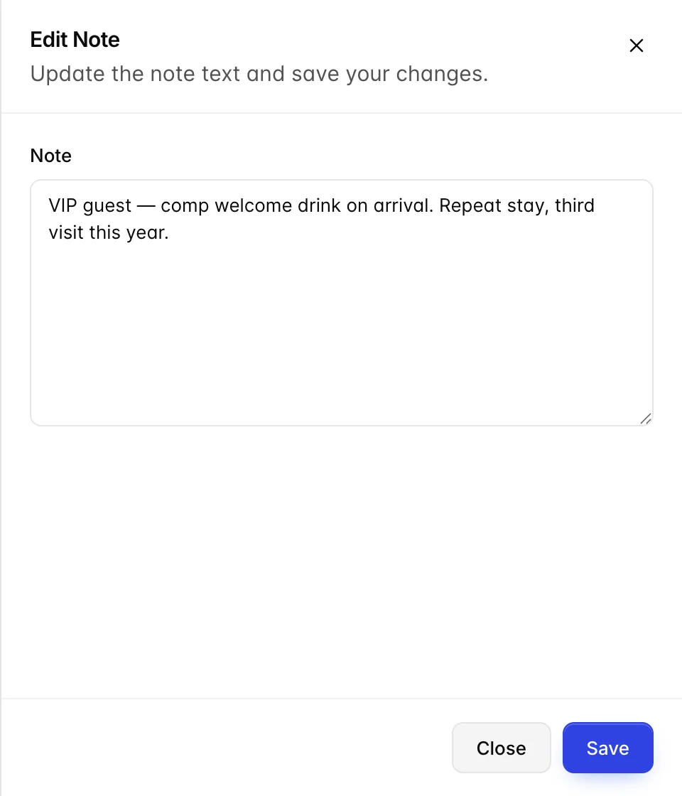 Der Notizbereich „Edit“: den Titel „Edit Note“, die Beschreibung „Update the note text and save your changes.“, ein Notizfeld mit dem vorhandenen Text sowie die Schaltflächen „Close“ und „Save“.