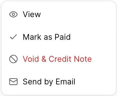 Das Zeilenmenü auf der kostenfreien invoice INV- 2026-0148: View, Mark as Paid, Void & Credit Note in rot sowie Send by Email.
