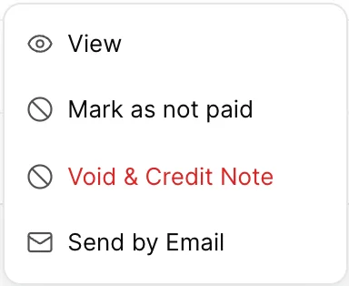 Das Zeilenmenü auf der Seite „invoice“ INV- 2026-0131: View, Mark as not paid, Void & Credit Note und Send by Email.