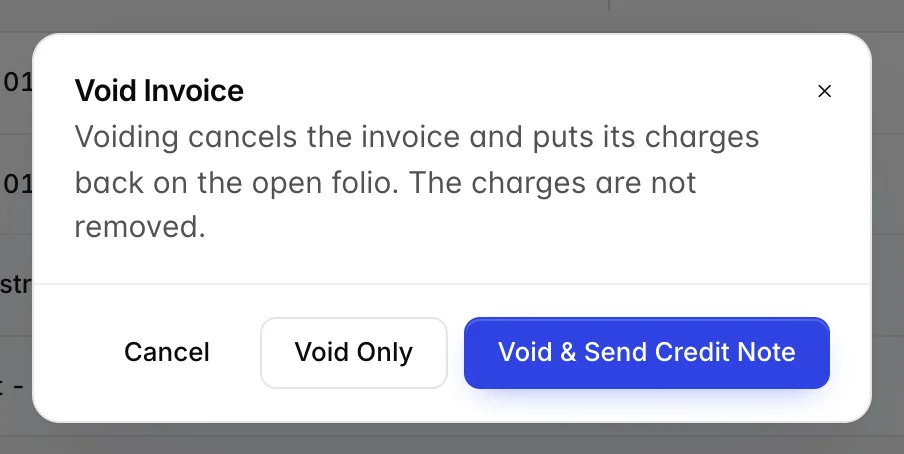 Der Dialog „Invoice“ (Stornierung einer Buchung) erklärt, dass durch die Stornierung die Buchung „invoice“ (Rechnungsauszug) aufgehoben wird und deren Beträge wieder in das offene Konto (open folio) übertragen werden, ohne sie zu löschen. Der Dialog enthält die Schaltflächen „Cancel“ (Abbrechen), „Void Only“ (Stornieren) und „Void & Send Credit Note“ (Kosten in das offene Konto übertragen).