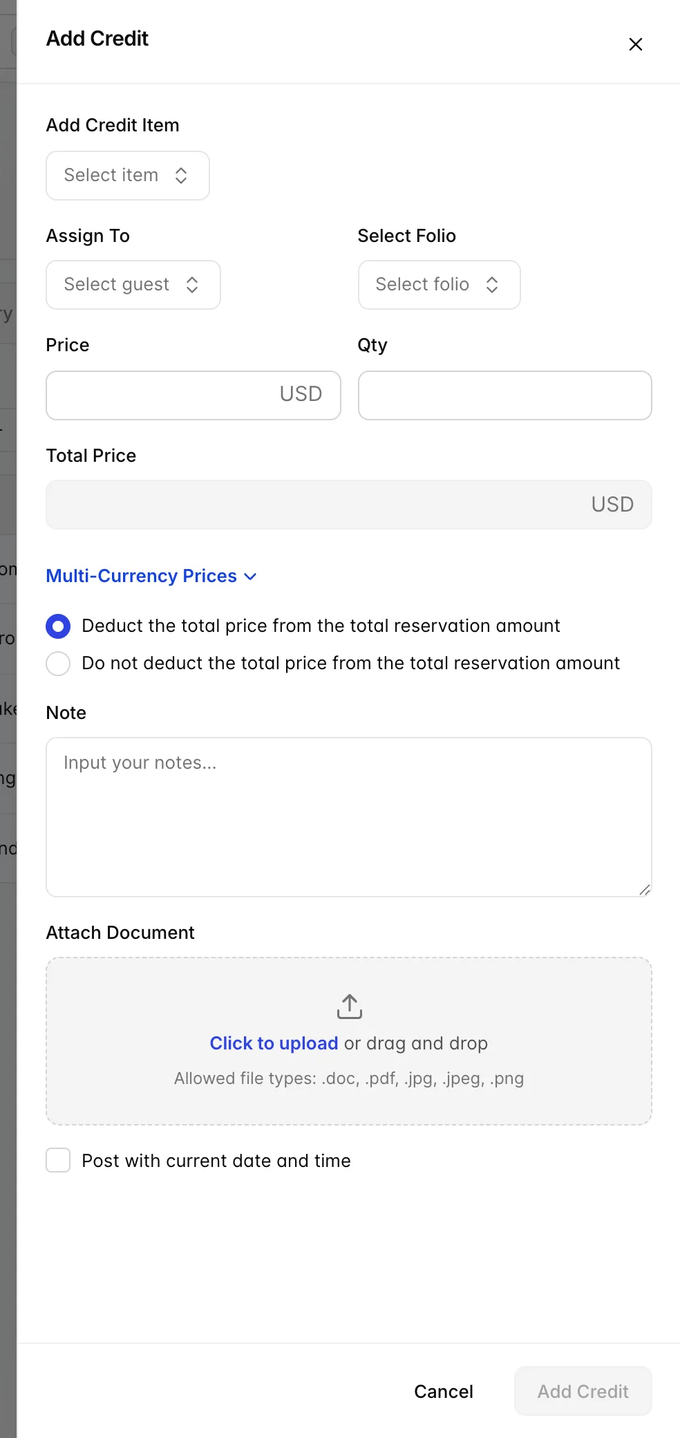 The Add Credit drawer, with fields for Assign To, Select Folio, Credit Type, Quantity and Price, and Cancel and Add Credit buttons at the bottom.