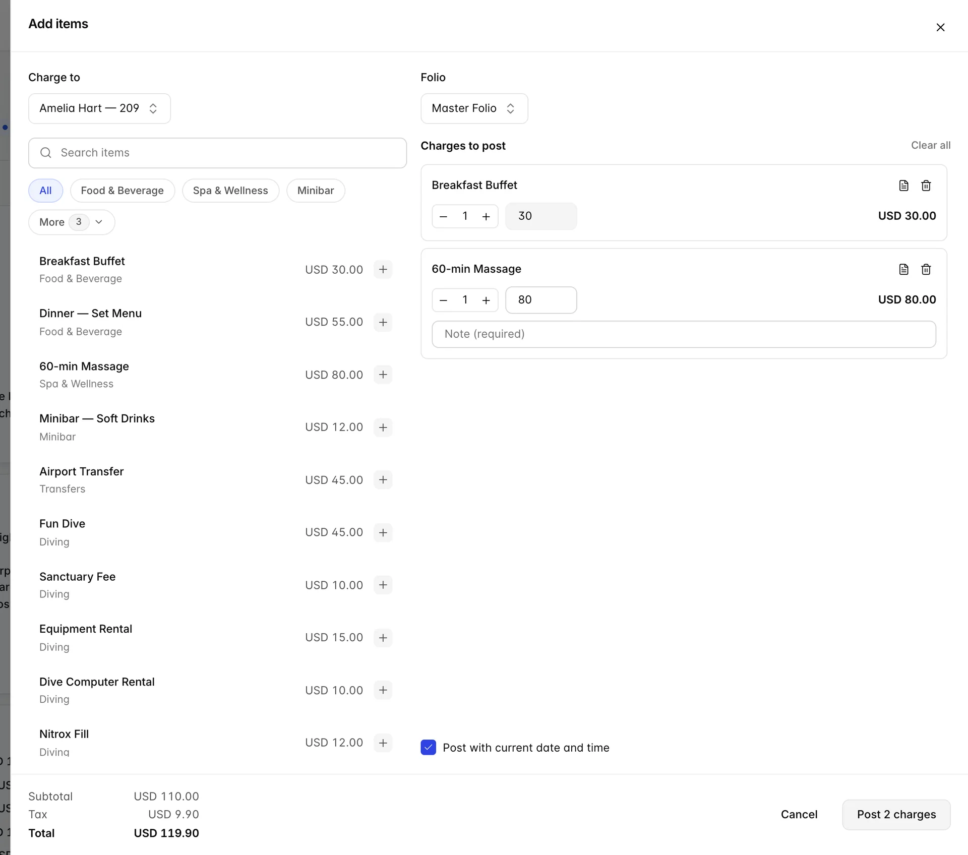 The Add Items drawer: a target panel at the top choosing the guest and folio, a catalogue on the left with a search box and category chips, and a cart on the right listing chosen items with quantity and price.
