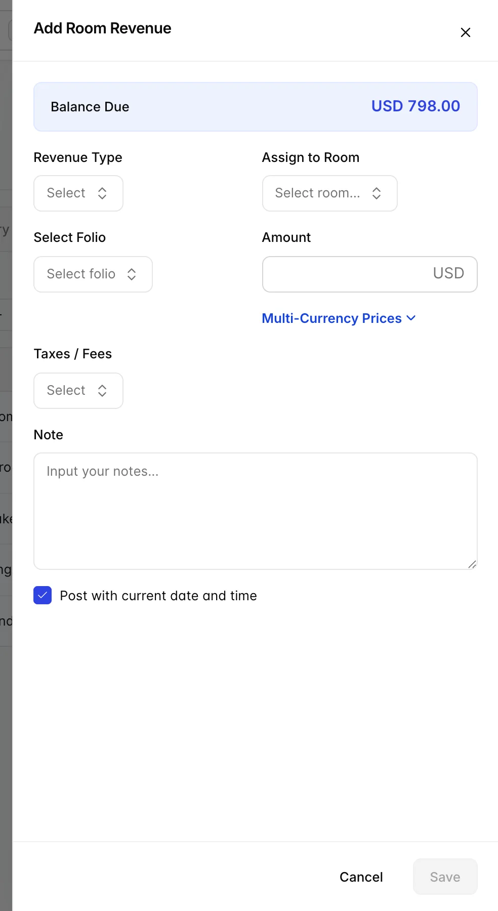 The Add Room Revenue drawer, with fields for the room, the date the revenue applies to and the amount.