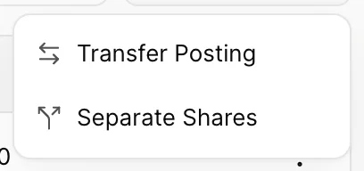 The Folio Actions button with its menu open, showing Transfer Posting and Separate Shares.