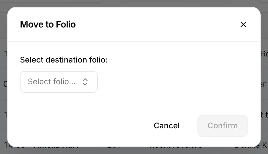 The Move to Folio dialog, with a dropdown listing the booking's other folios and Cancel and Move buttons.