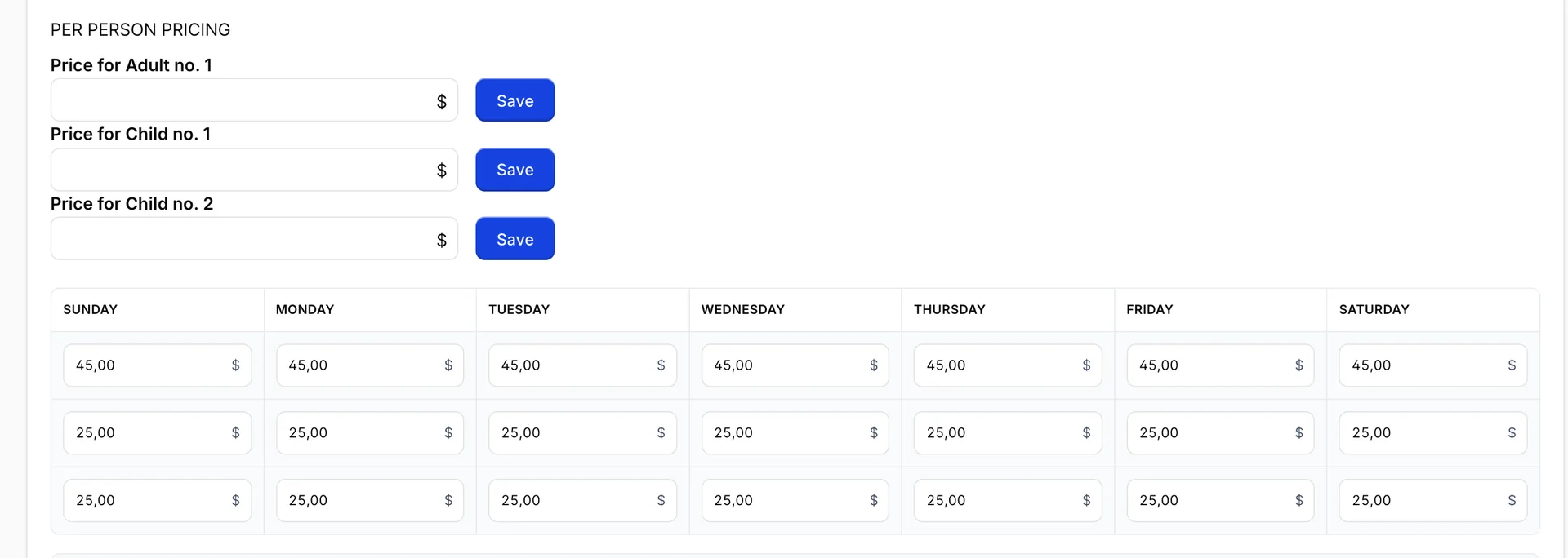 Der Block „per person pricing“ für die Junior Suite mit Preisfeldern und Schaltflächen „Save“ für Erwachsener Nr. 1, Kind Nr. 1 und Kind Nr. 2 neben einer 7-Tage-Übersicht mit 45 Plätzen für die Erwachsenenzeile und jeweils 25 Plätzen für jede Kinderzeile.