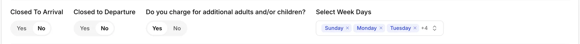 Vier Steuerelemente im Formular „Edits Interval“ (s Interval): „Closed To Arrival“ und „Closed to Departure“ sind beide auf „No“ gesetzt, die Frage, ob Sie für zusätzliche Erwachsene und/oder Kinder einen Aufpreis berechnen, ist auf „Yes“ gesetzt, und „Select Week Days“ zeigt Chips für Sonntag, Montag und Dienstag mit einem Zähler von „plus 4“ an.