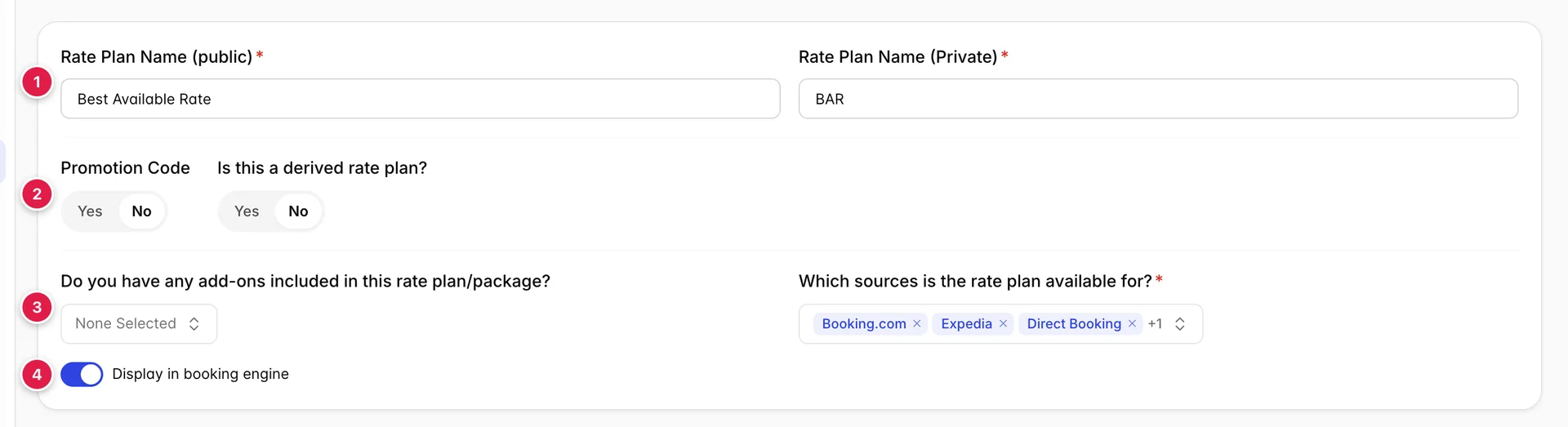 L'onglet «Details» du Best Available Rate plan, avec Rate Plan Name en lecture publique, Best Available Rate, Rate Plan Name en lecture privée, BAR, Promotion Code et «Is this a derived» rate plan tous deux réglés sur «Non», un sélecteur d'extensions vide, un sélecteur de sources contenant Booking.com, Expedia, Direct Booking et une autre source, et Display in booking engine activé.