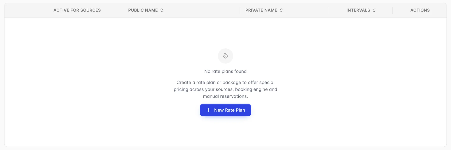 Le tableau « rate plan » (Plans tarifaires et forfaits) affiche un état vide intitulé « No rate plans found » (Aucun plan tarifaire trouvé), avec le texte « Create arate plan, or package to offer special pricing across your sources, booking engine et les Réservations manuelles », ainsi qu'un bouton « New » (Nouveau) « Rate Plan » (Créer un plan tarifaire), après avoir effectué une recherche sur « Spa » (Plans tarifaires et forfaits).