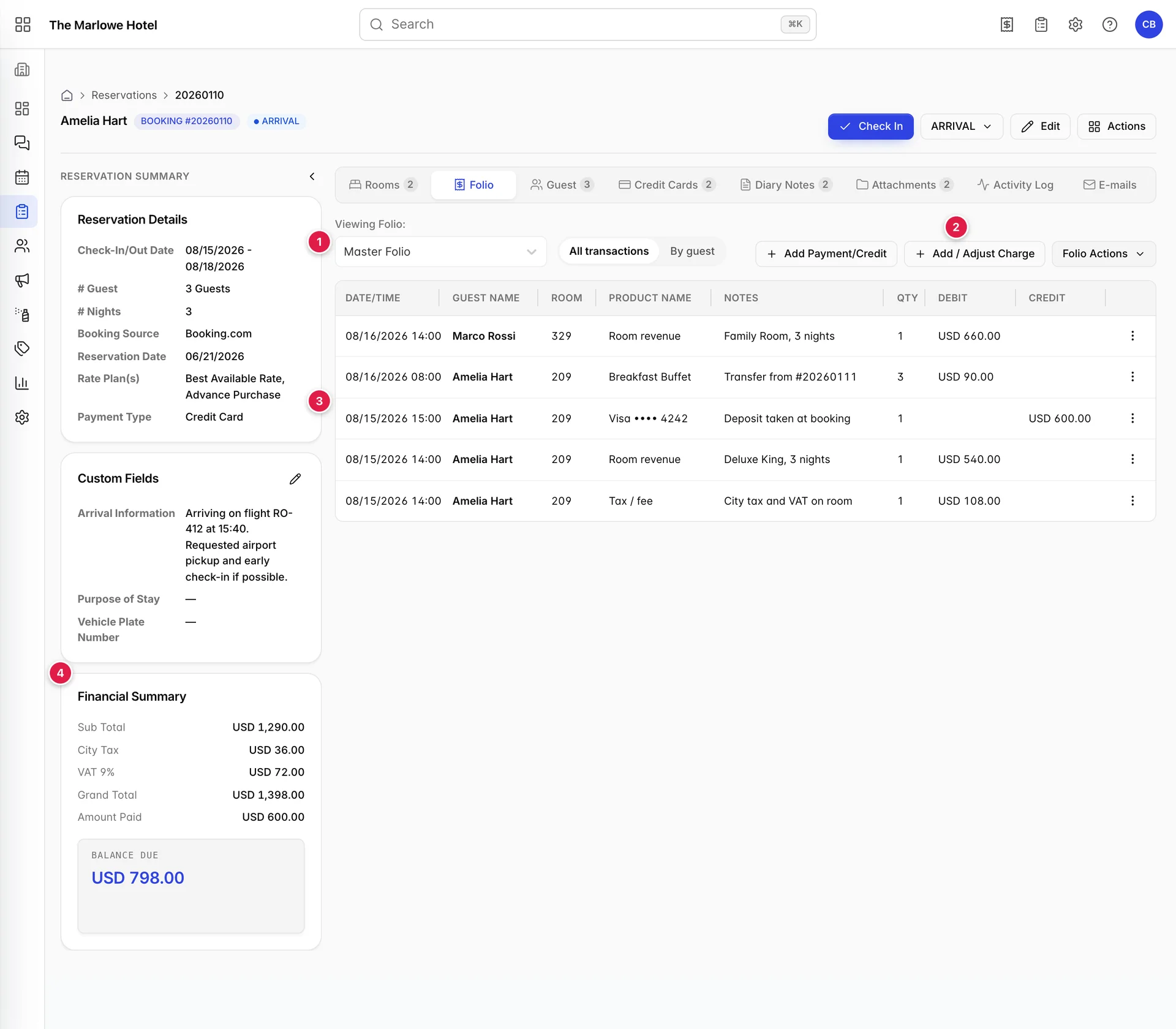 The Folio tab of reservation 20260110. A toolbar across the top carries a Viewing Folio dropdown set to Master Folio, an All transactions / By guest switch, and buttons for Add Payment/Credit, Add / Adjust Charge and Folio Actions. Below it a table lists five transactions with debit and credit columns. The summary rail on the left ends in a Balance Due tile of USD 798.00.